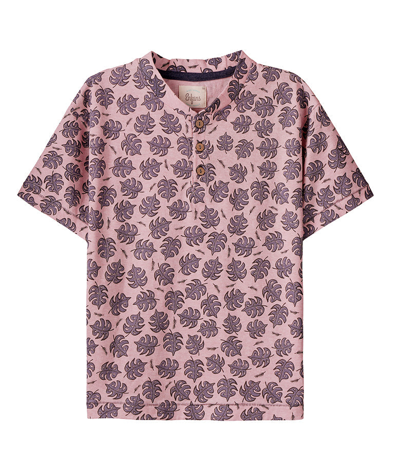 Pink T-Shirt with Leaf Prints and Buttons