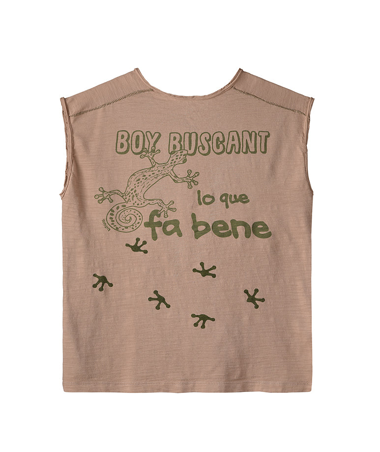 Beige Sleeveless T-Shirt with Green Lizard Print