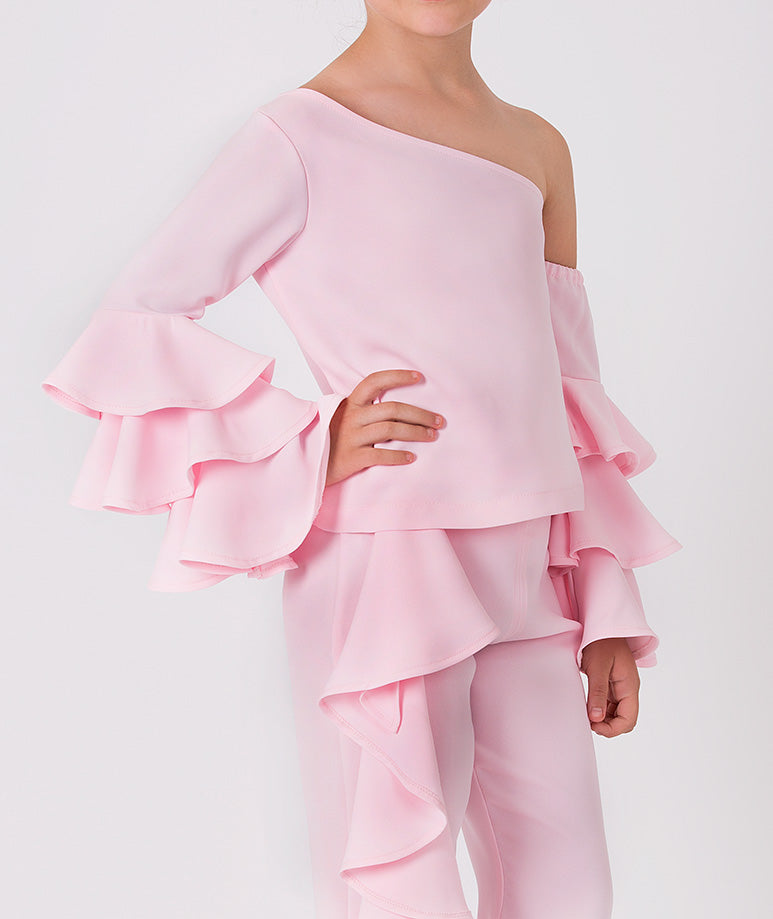 baby pink one shoulder ruffled tracksuit for little girls