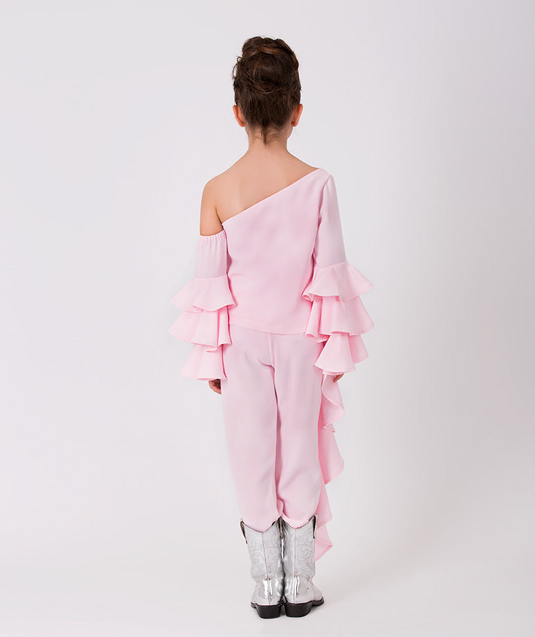 candy pink one shoulder tracksuit with ruffle details