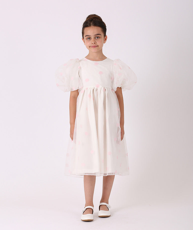Ecru organza dress for girls by Mama Luma with balloon sleeves and pink polka dots