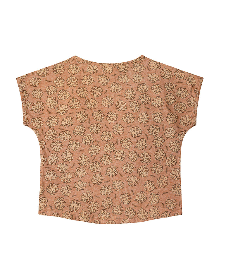 Brown T-Shirt with Leaf Prints and Buttons