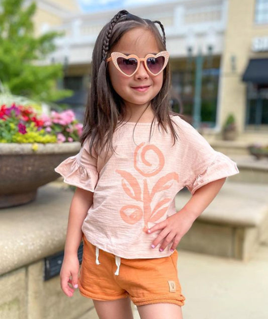 Pink Flower T-Shirt with Ruffled Sleeves