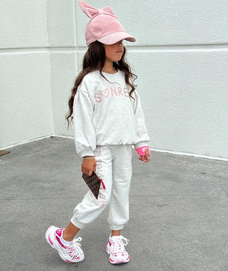 Ecru Sweatpants with Pink Glittery Graphics