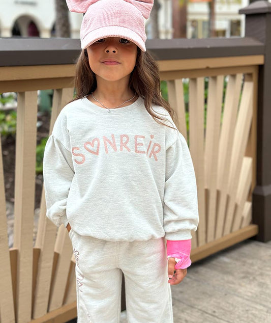 Ecru Sweatshirt with Pink Glittery Graphics