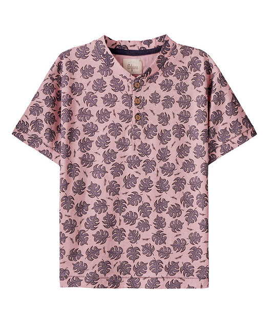 Pink T-Shirt with Leaf Prints and Buttons