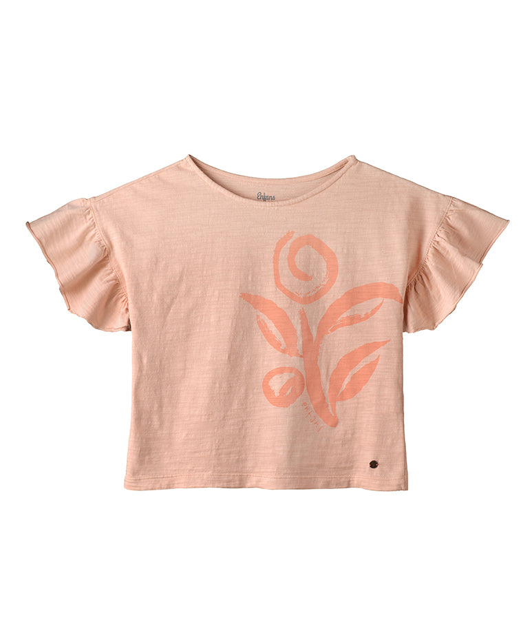 Pink Flower T-Shirt with Ruffled Sleeves