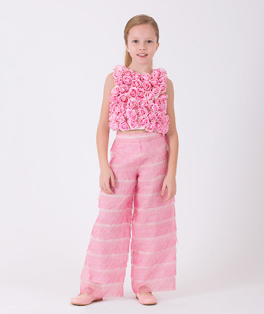 The perfect set of pink blouse covered in 3D roses and pink matching pants