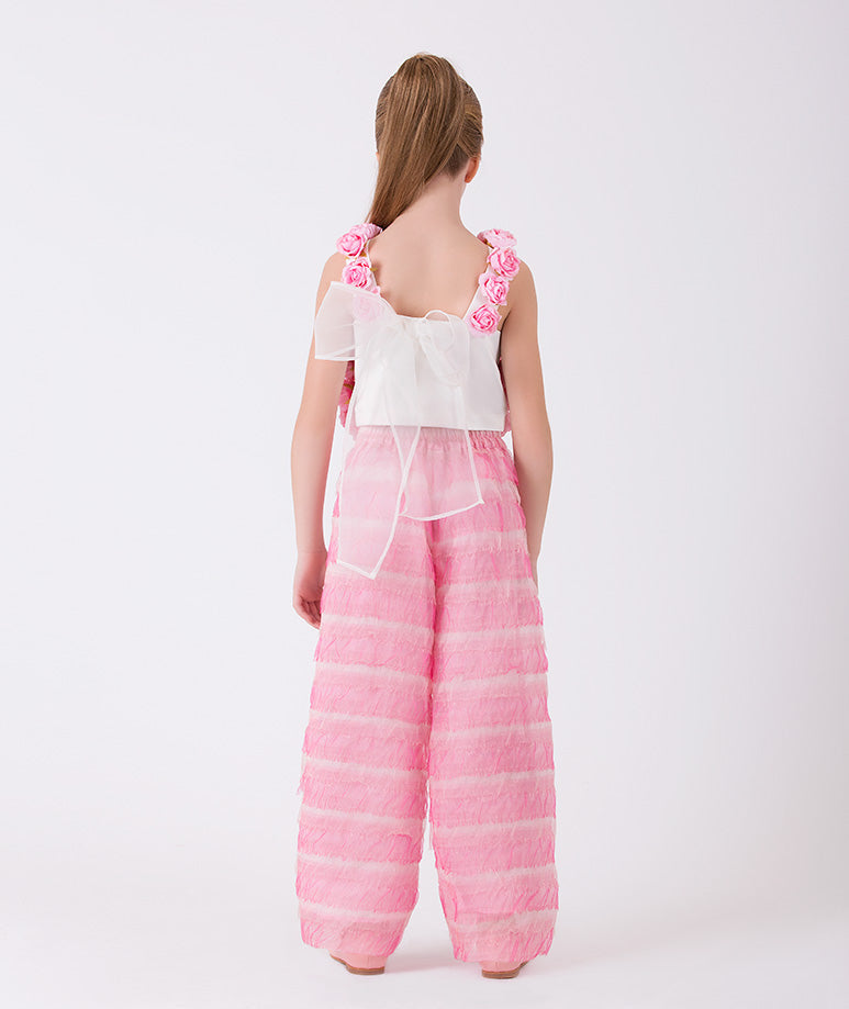 3D roses blouse with an organza bow at the back and stylish pink pants