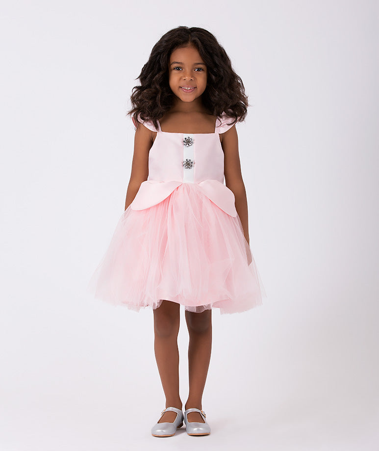 Pink dress for girls by Mama Luma with shoulder straps with exquisite brooches in the front