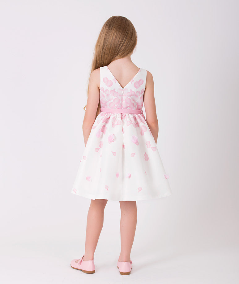 ecru summer dress with pink rose petal prints