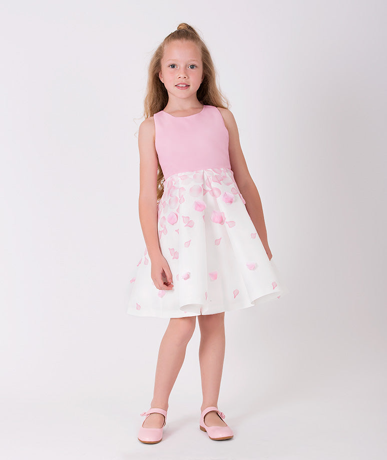 Ecru dress for girls by Mama Luma with a pink top and 3D rose petal prints