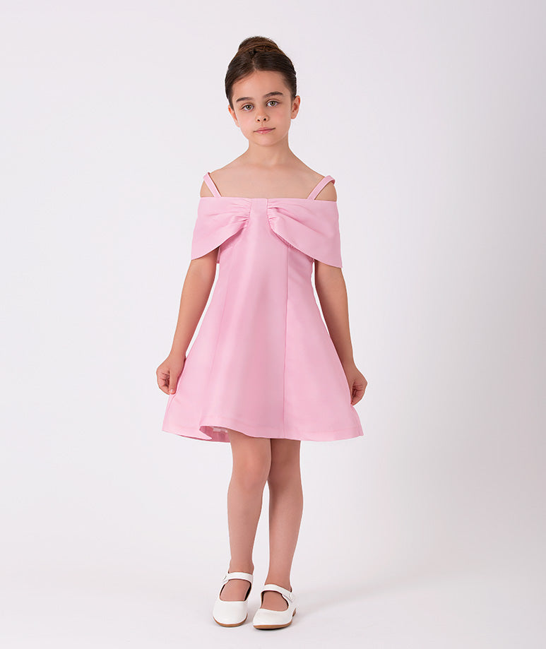 Pink dress for girls by Mama Luma with shoulder straps with a cute fashion nuance on arms
