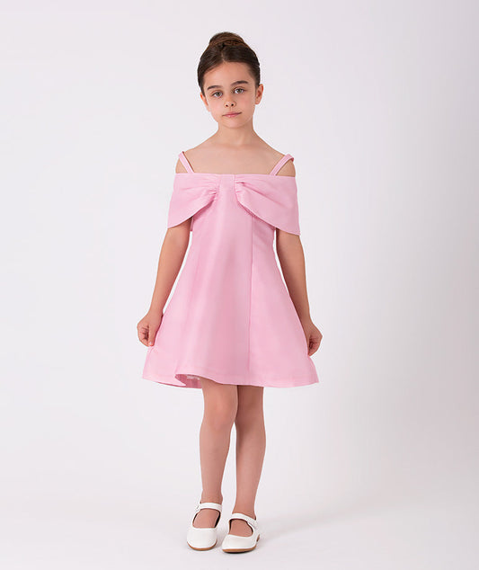 Pink dress for girls by Mama Luma with shoulder straps with a cute fashion nuance on arms