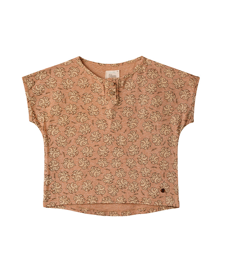 Brown T-Shirt with Leaf Prints and Buttons