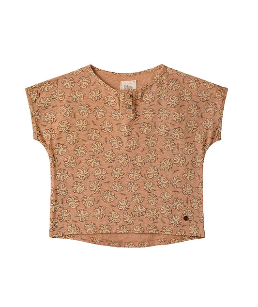 Brown T-Shirt with Leaf Prints and Buttons
