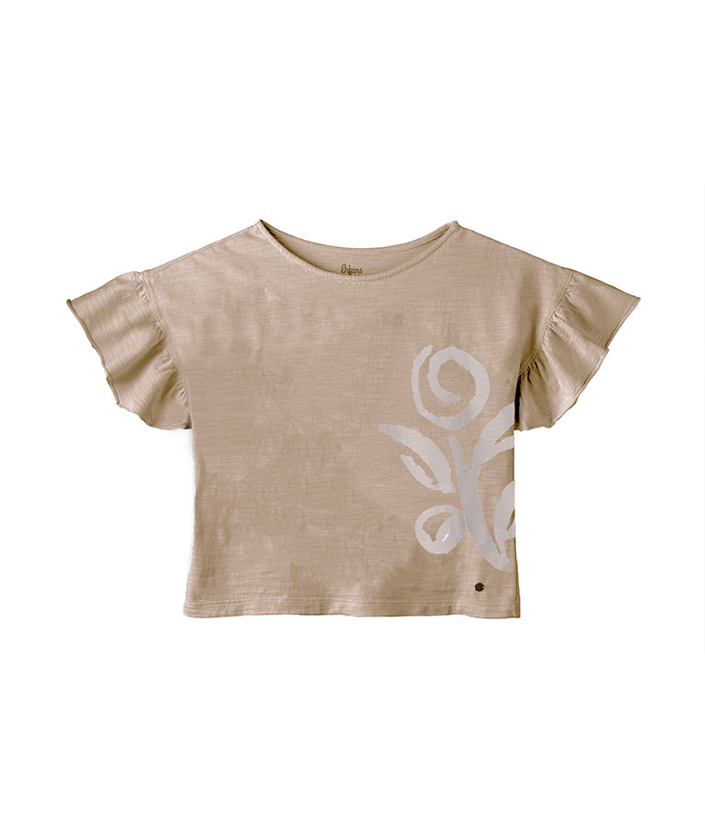 Beige Flower T-Shirt with Ruffled Sleeves